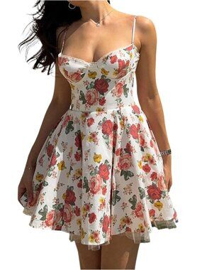 Floral Corset Bustier Mini Dress Fit & Flare Tulle Size S